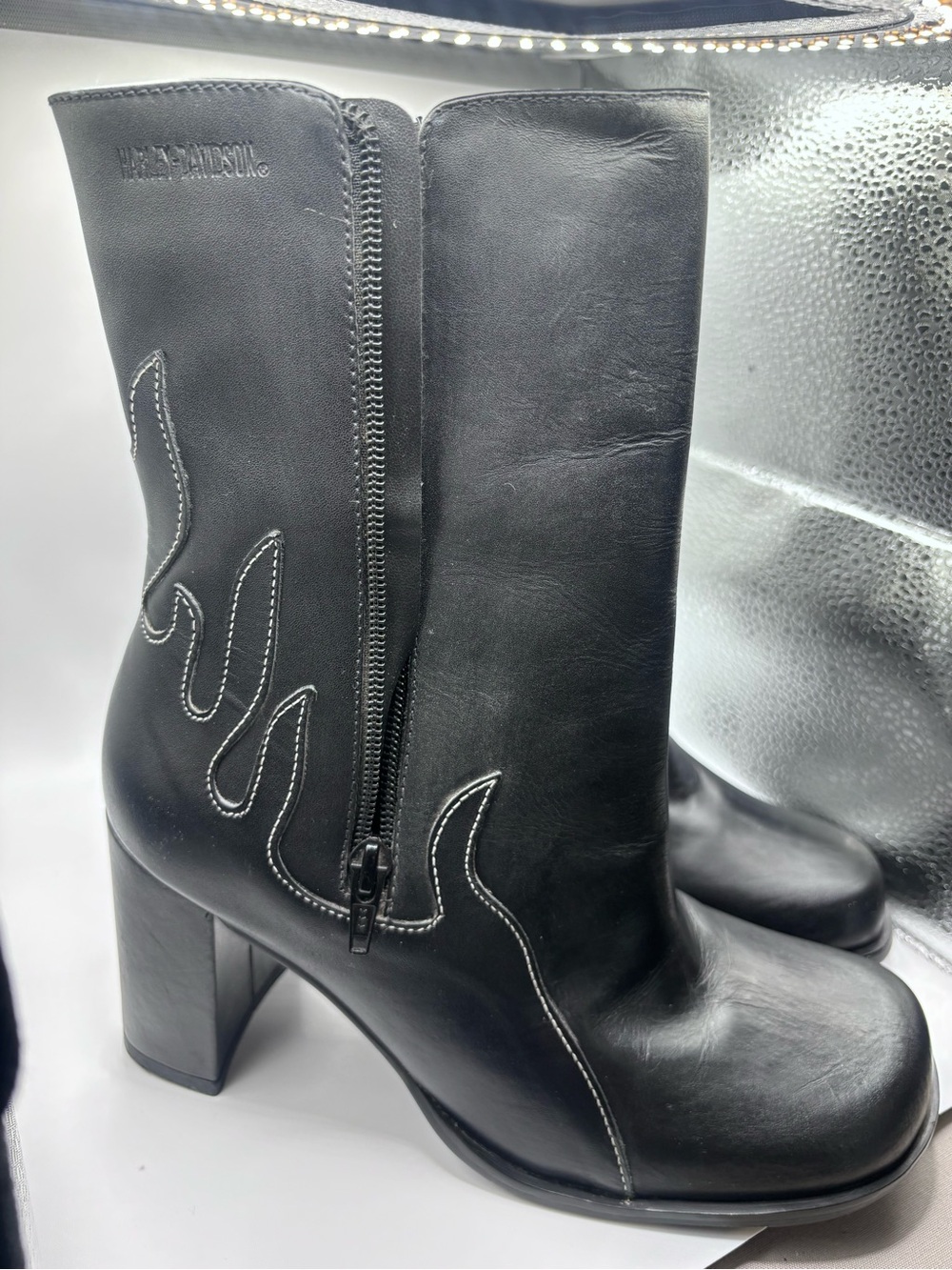 Harley-Davidson Black Mid-Calf Heeled Boots with White Stitching - Picture 6 of 7